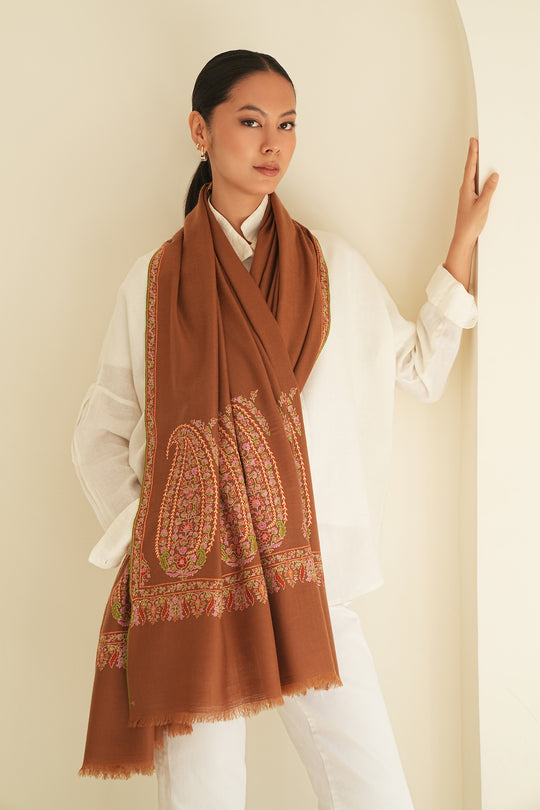 Kashmir Loom Sozni Rouhi Paisley Palledar Hand Embroidered Pashmina Shawl Olive