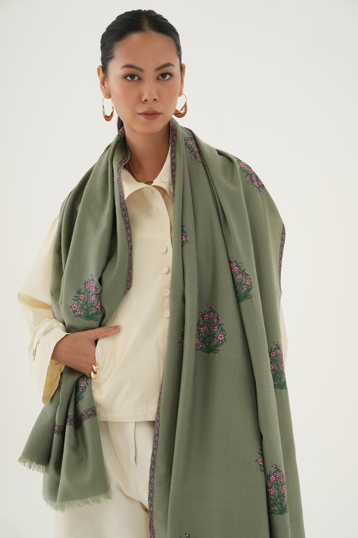 Kashmir Loom Sozni Alya Bail Buta Hand Embroidered Pashmina Shawl Sage