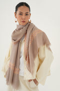 Kashmir Loom Sozni Arzu Borderdar Hand Embroidered Pashmina Stole Taupe