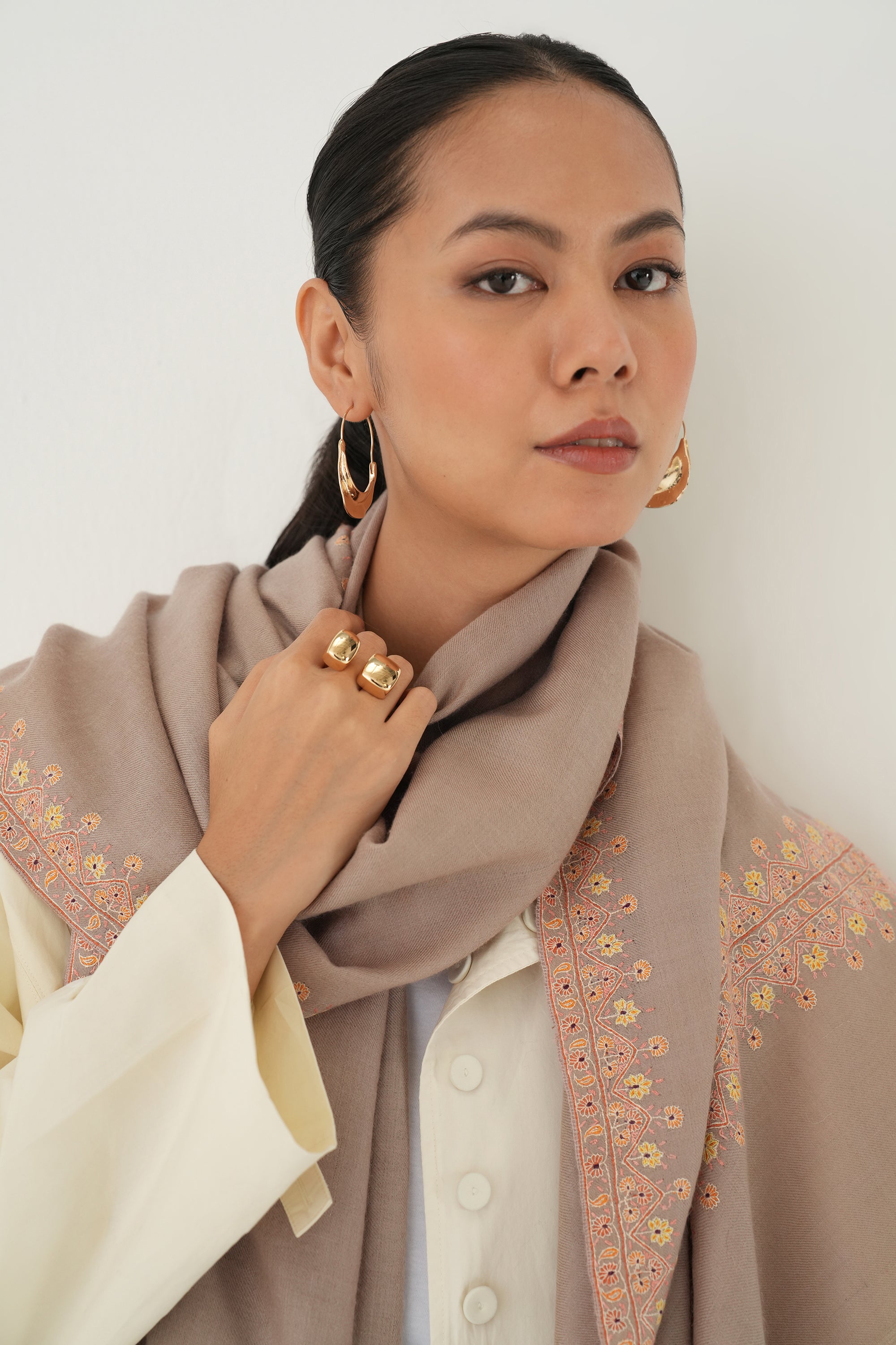 Sozni Arzu Borderdar Hand Embroidered Pashmina Stole Taupe