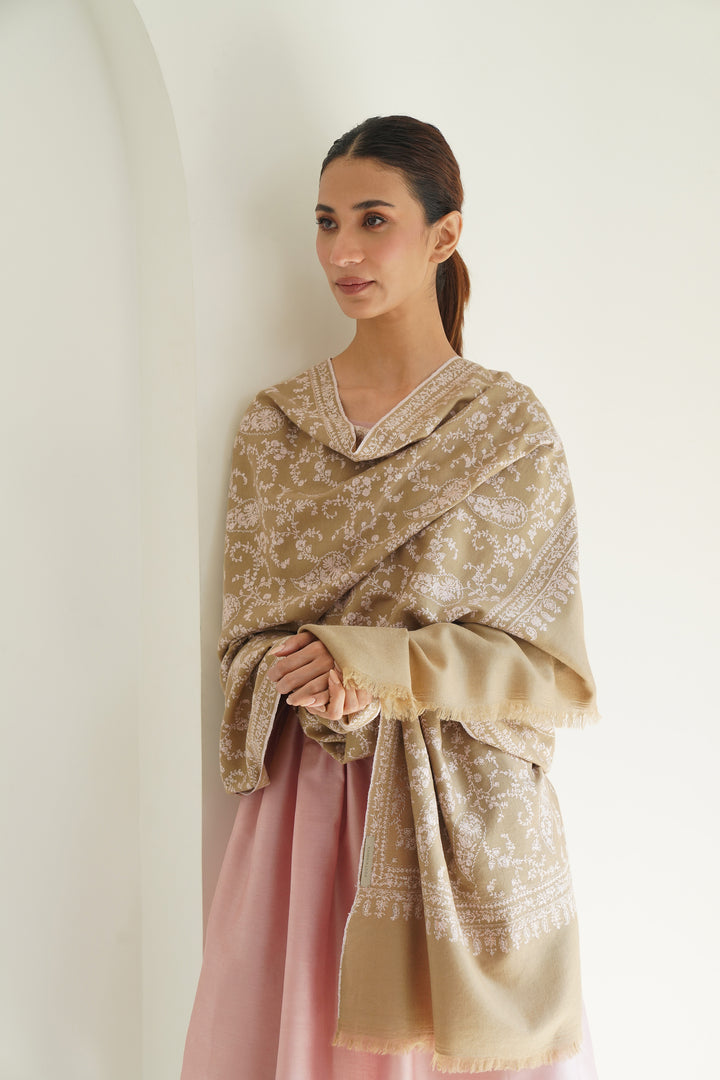 Sidra Jaaldar Hand Embroidered Pashmina Shawl Fawn Peach