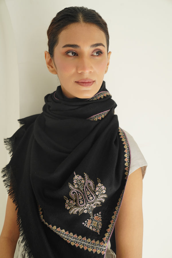 Sozni Zara Bail Corner Buta Hand Embroidered Pashmina Stole Black