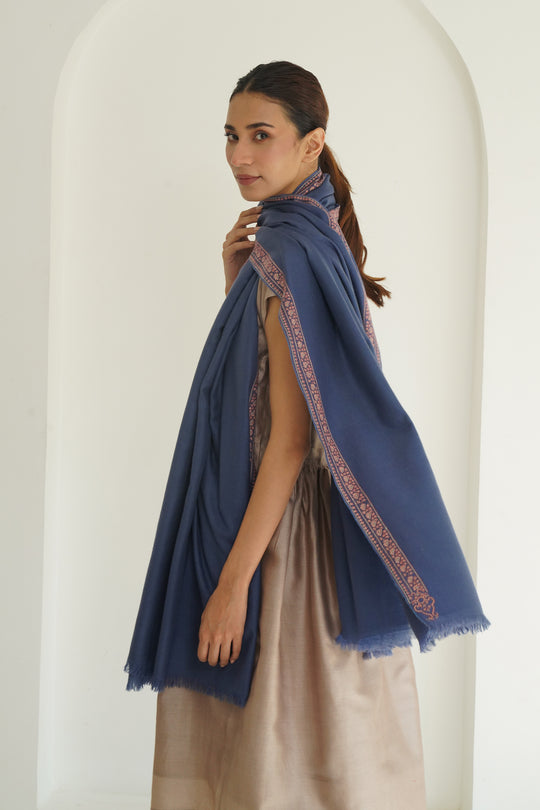 Kashmir Loom Sozni Gulbaan Edge Bail Hand Embroidered Pashmina Shawl Neptune