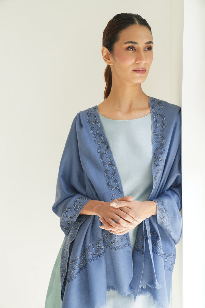 Inaya Borderdar Hand Embroidered Pashmina Stole Midblue