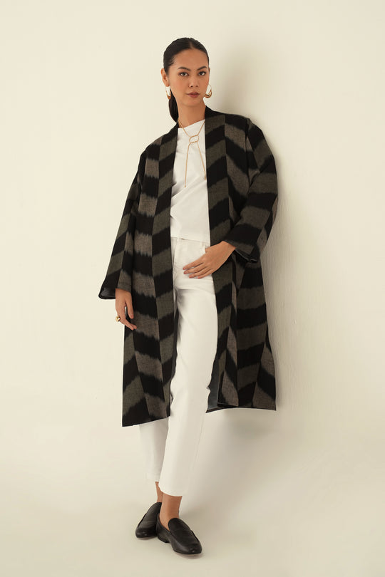 Chevron Ikat Cashmere Coat Black Natural