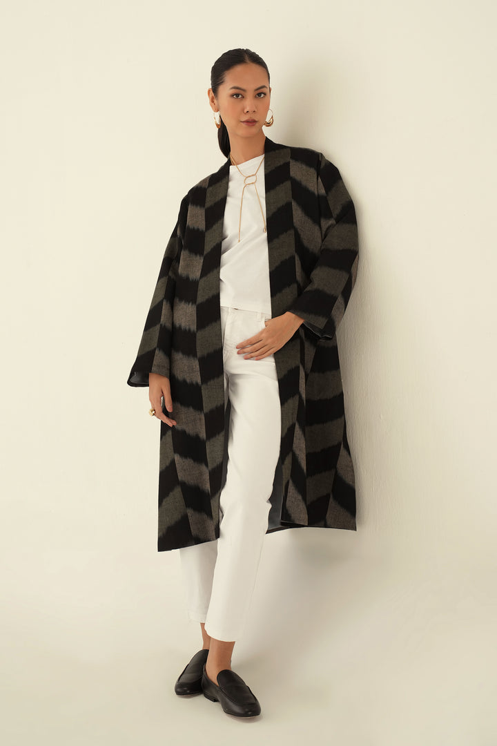 Chevron Ikat Cashmere Coat Black Natural