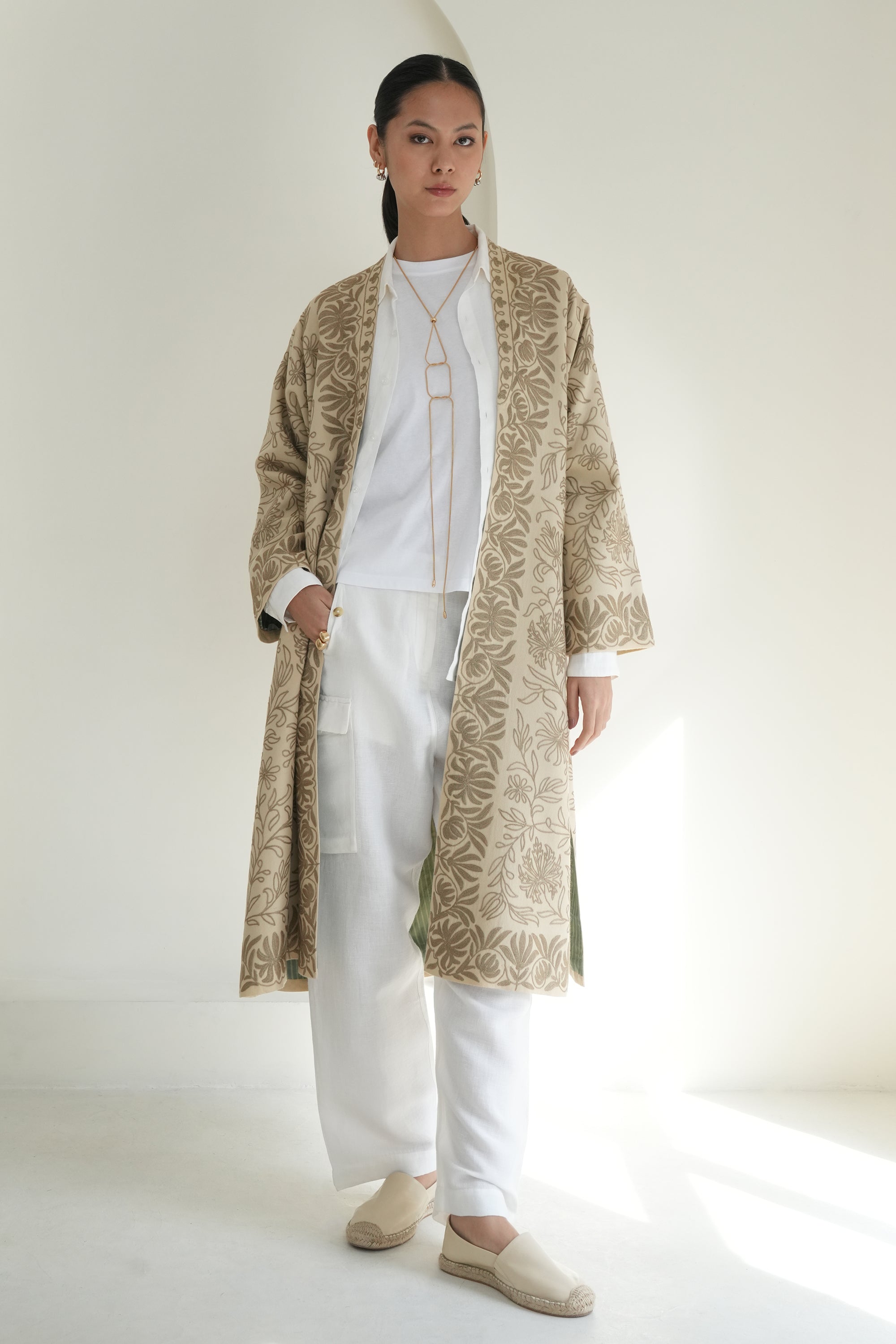 Nouran Hand Embroidered Wool Choga Butter