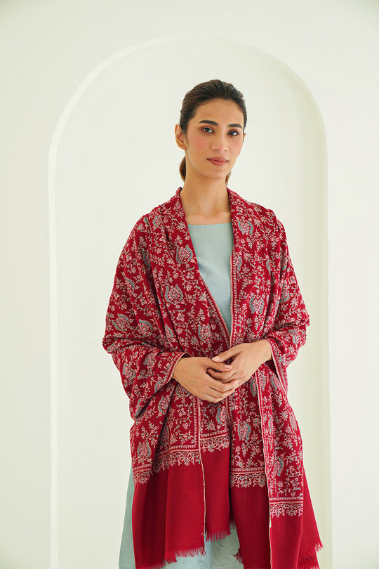 Kashmir Loom Sania Jaaldar Hand Embroidered Pashmina Shawl Maroon