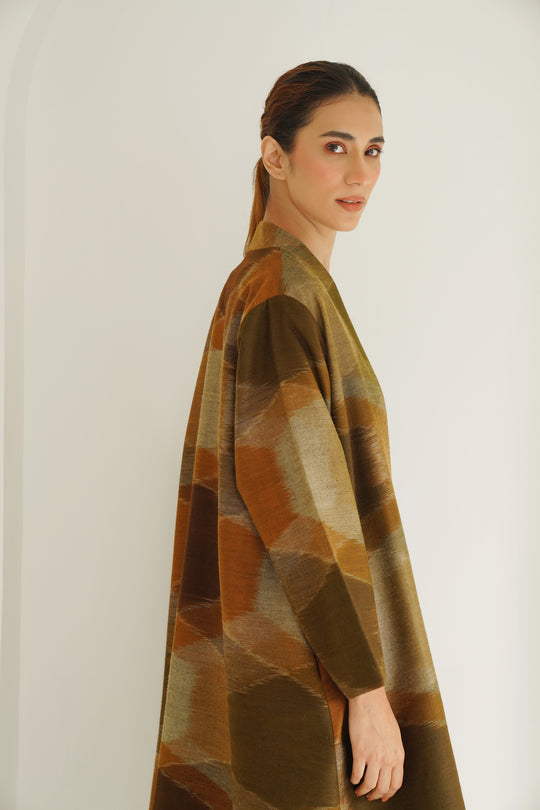 Kashmir Loom Ikat Hexagon Cashmere Coat Brown Mustard Green