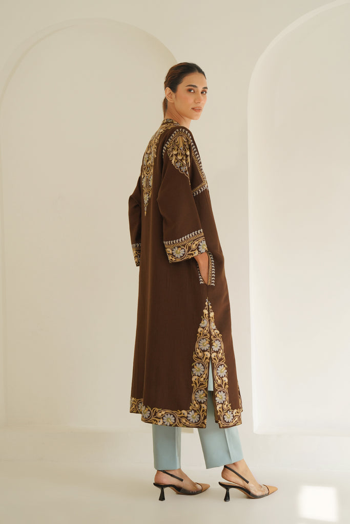 Hand Embroidered Aari Wool Choga Brown | Kashmir Loom