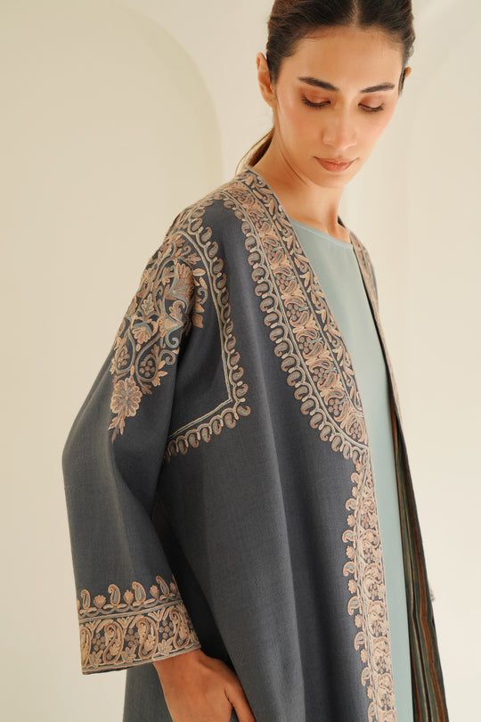 Paisley Buta Hand Embroidered Wool Choga Light Indigo