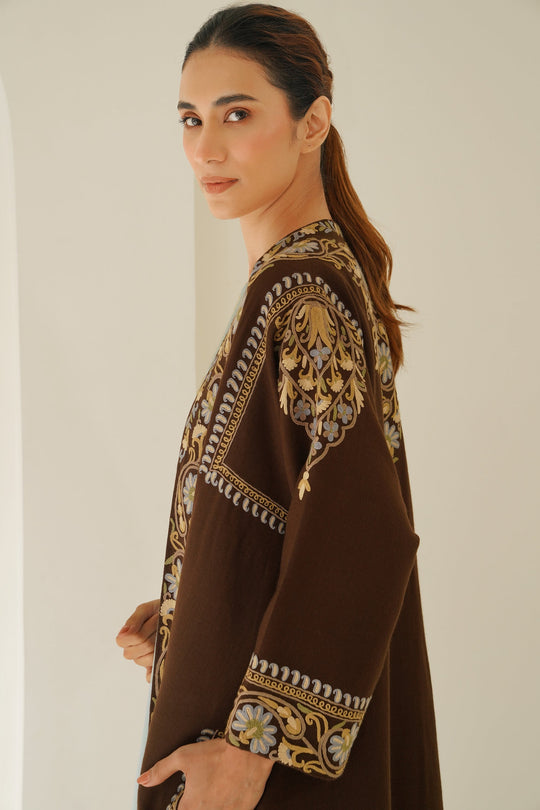 Long Buta Hand Embroidered Wool Choga Dark Yak