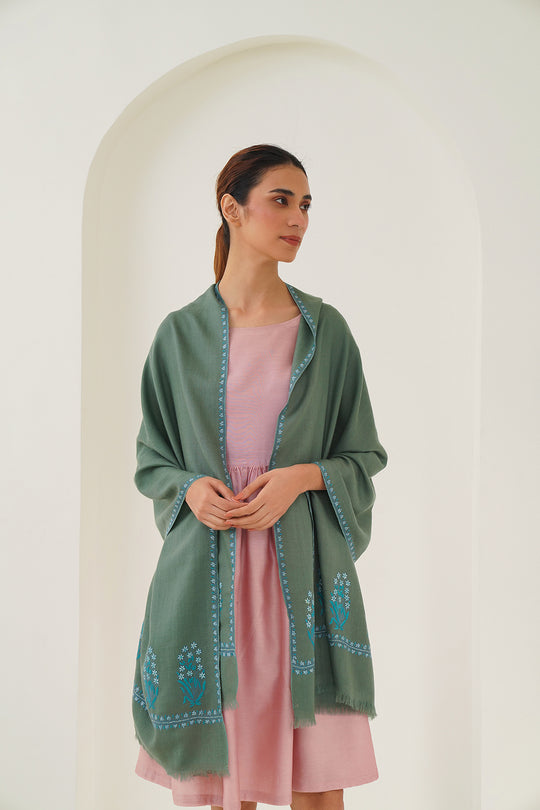 Kashmir Loom Gulwafa Palledar Hand Embroidered Pashmina Stole Beryl