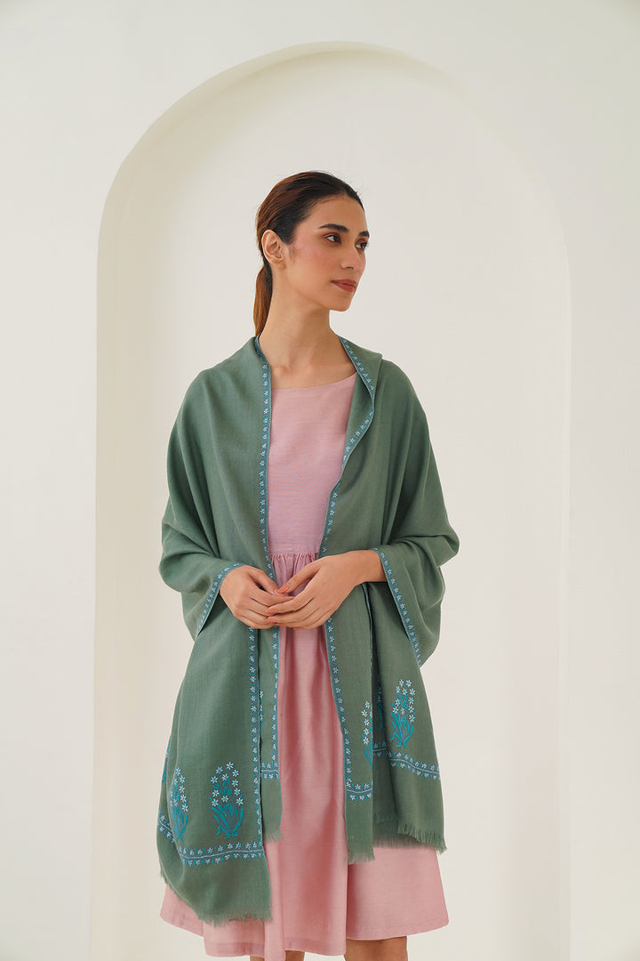 Kashmir Loom Gulwafa Palledar Hand Embroidered Pashmina Stole Beryl