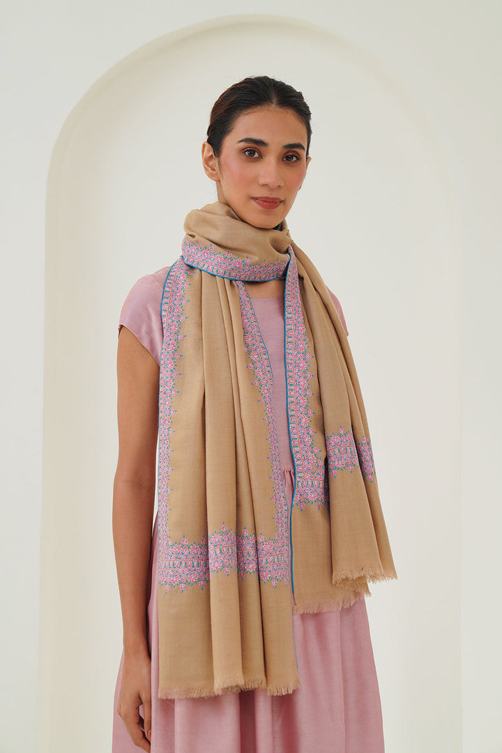 Kashmir Loom Sozni Dordar Hand Embroidered Pashmina Shawl Taupe