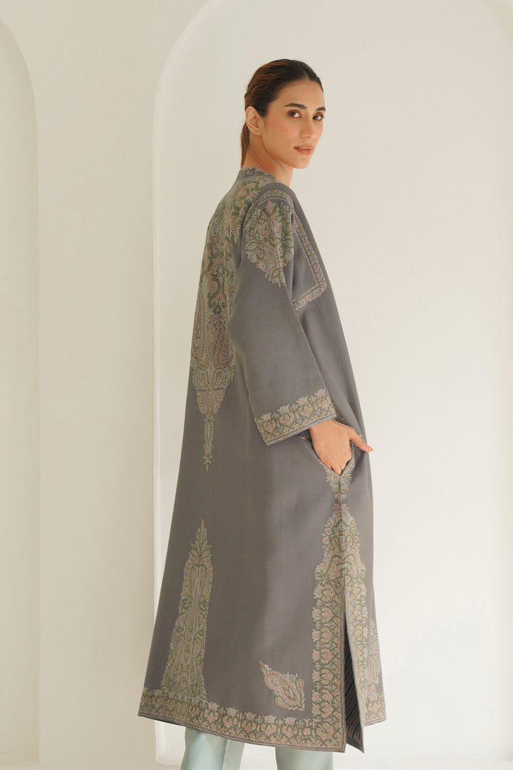 Kashmir Loom Corner Buta Hand Embroidered Wool Choga Mink