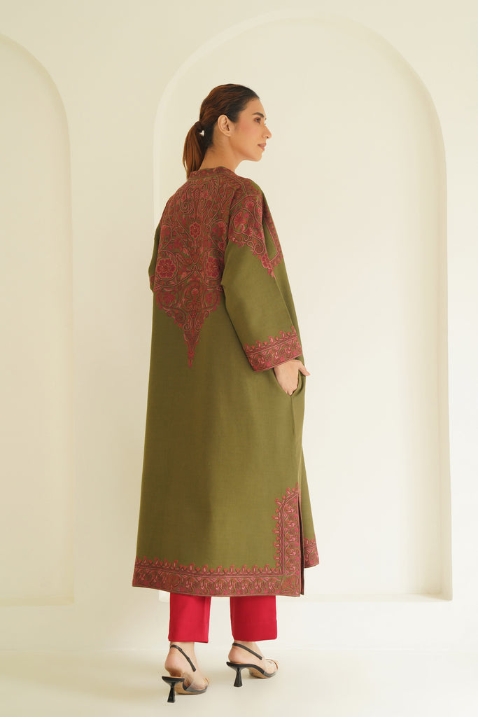 Hand Embroidered Aari Wool Choga Green | Kashmir Loom