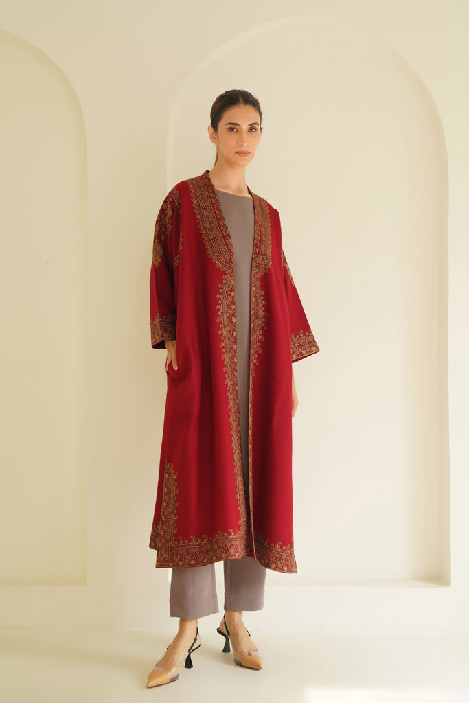 Hand Embroidered Aari Wool Choga Red | Kashmir Loom