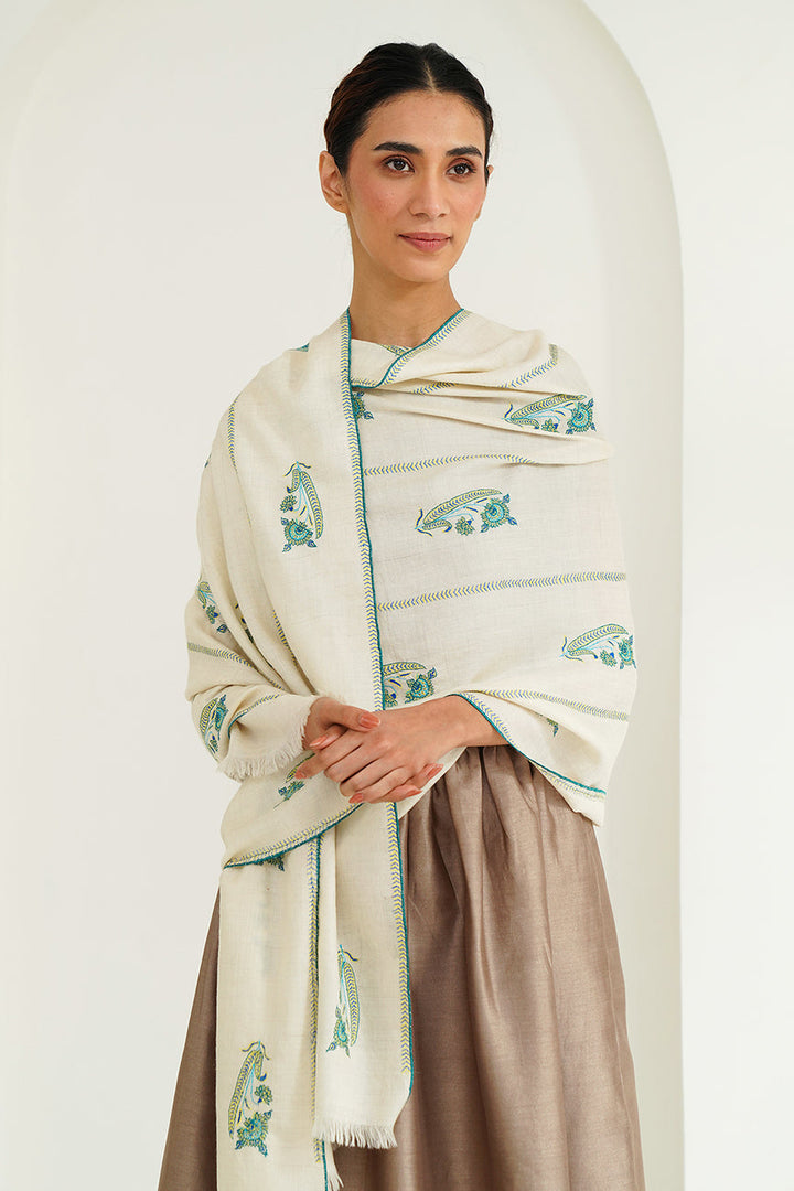 Kashmir Loom Ziah Khatrast Hand Embroidered Pashmina Stole Ivory