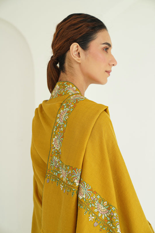 Kashmir Loom Flora Borderdar Hand Embroidered Pashmina Shawl Mineral