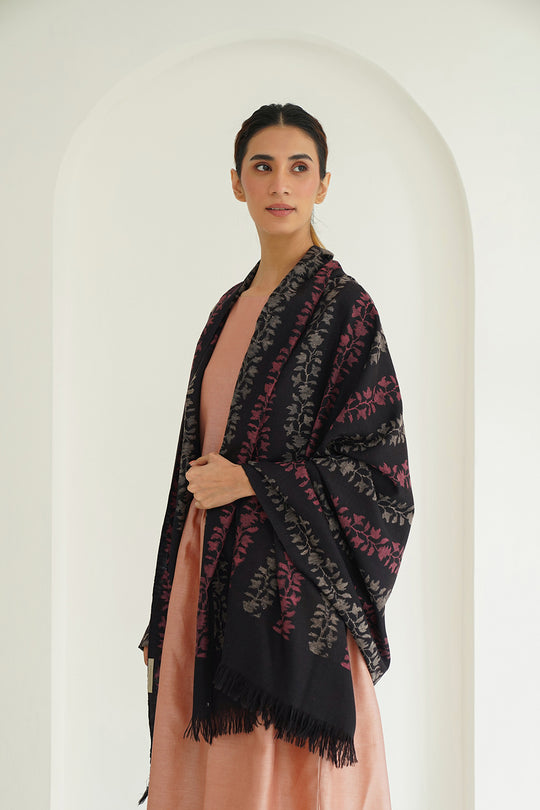 Kashmir Loom Kani Ashjar Khatrast Hand Woven Pashmina Shawl Charcoal Beige Maroon