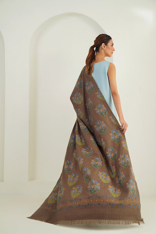 Kashmir Loom Kani Daisy Buta Hand Woven Pashmina  Shawl Coffee Blue