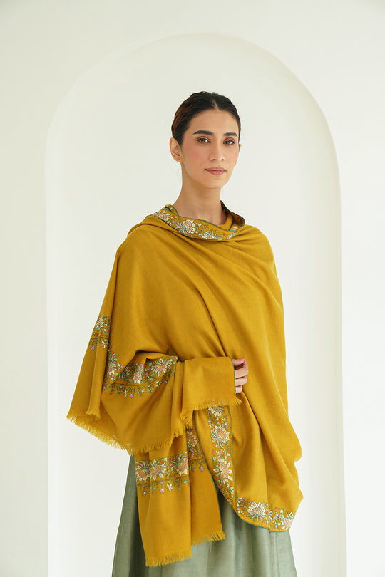 Kashmir Loom Flora Borderdar Hand Embroidered Pashmina Shawl Mineral