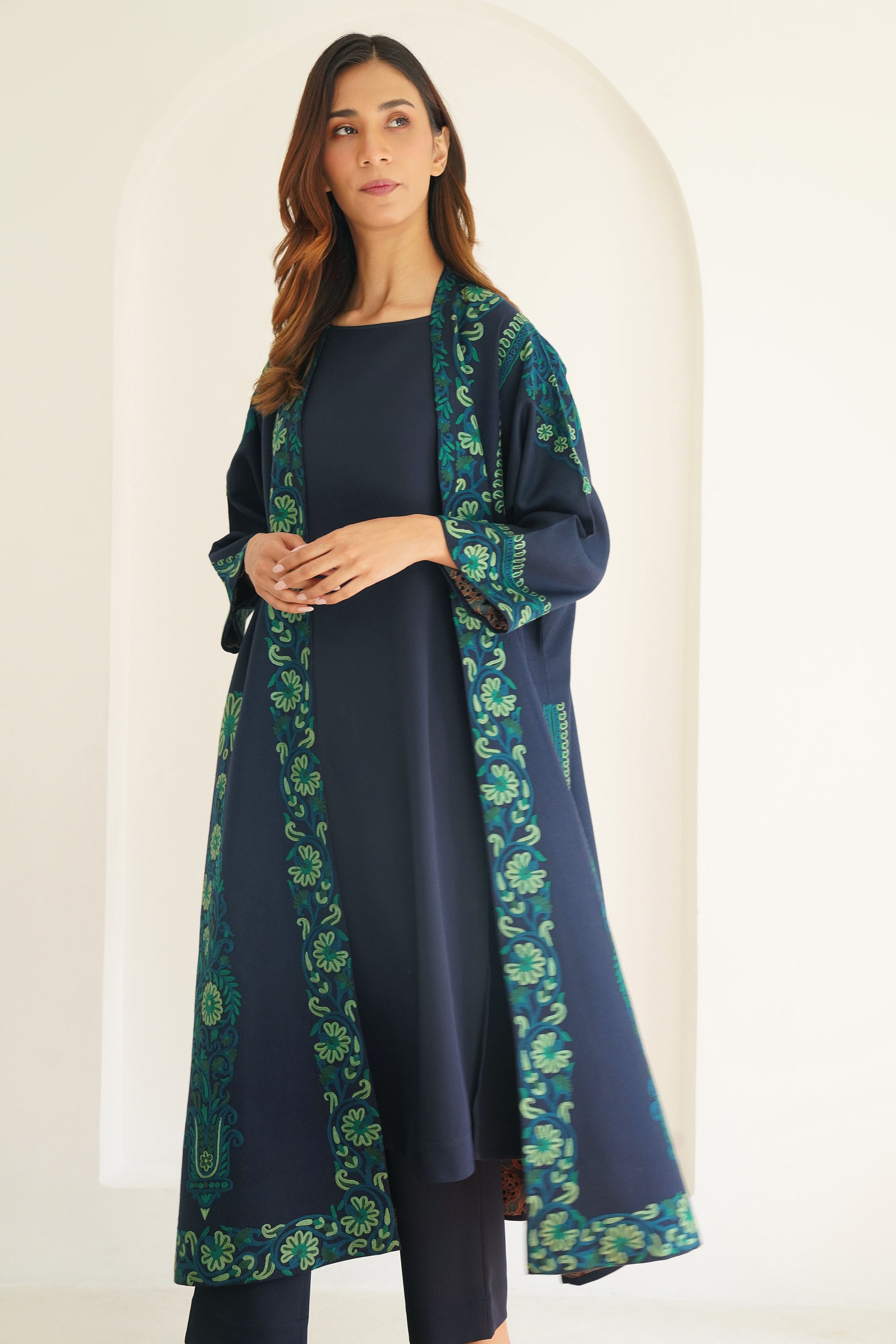 Long Buta Hand Embroidered Wool Choga Midnight