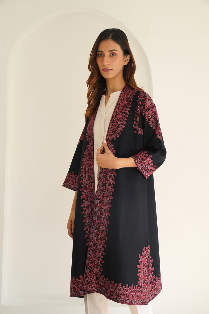 Kashmir Loom Paisley Buta Hand Embroidered Wool Choga Black