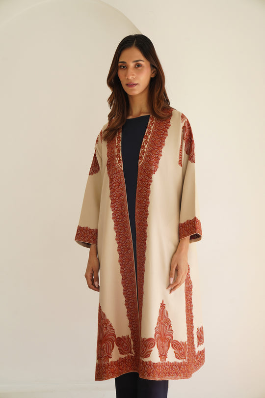 Kashmir Loom Corner Buta Hand Embroidered Wool Choga Butter