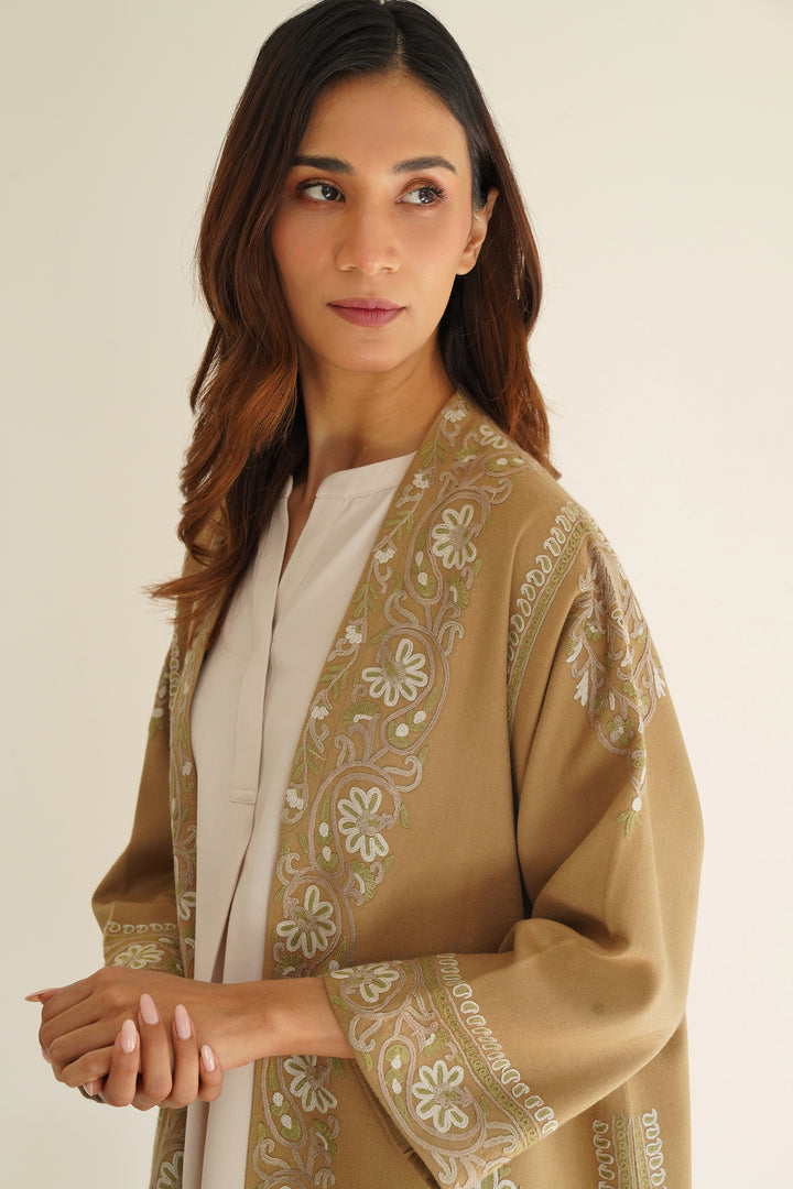 Kashmir Loom Long Buta Hand Embroidered Wool Choga Camel