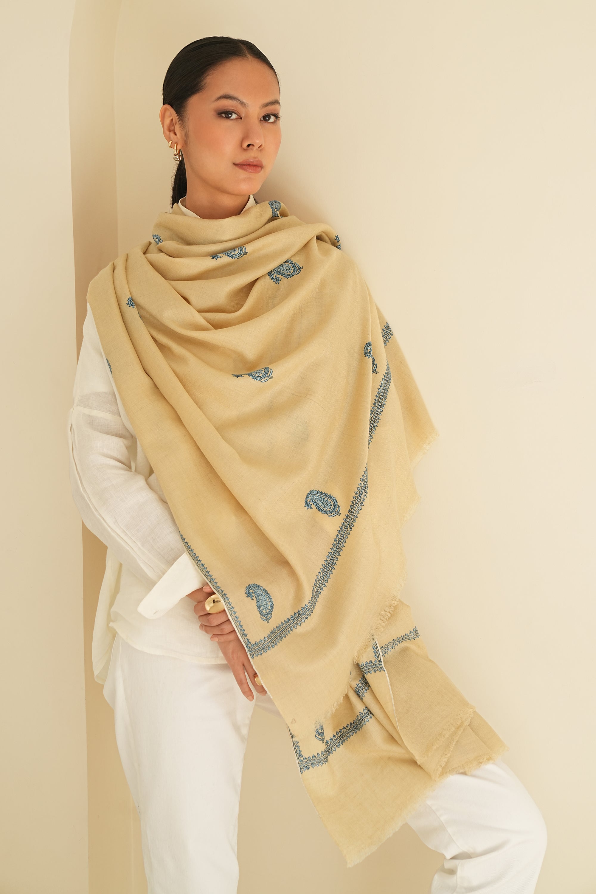 Sozni Ambi Bail Buti Hand Embroidered Pashmina Shawl Butter