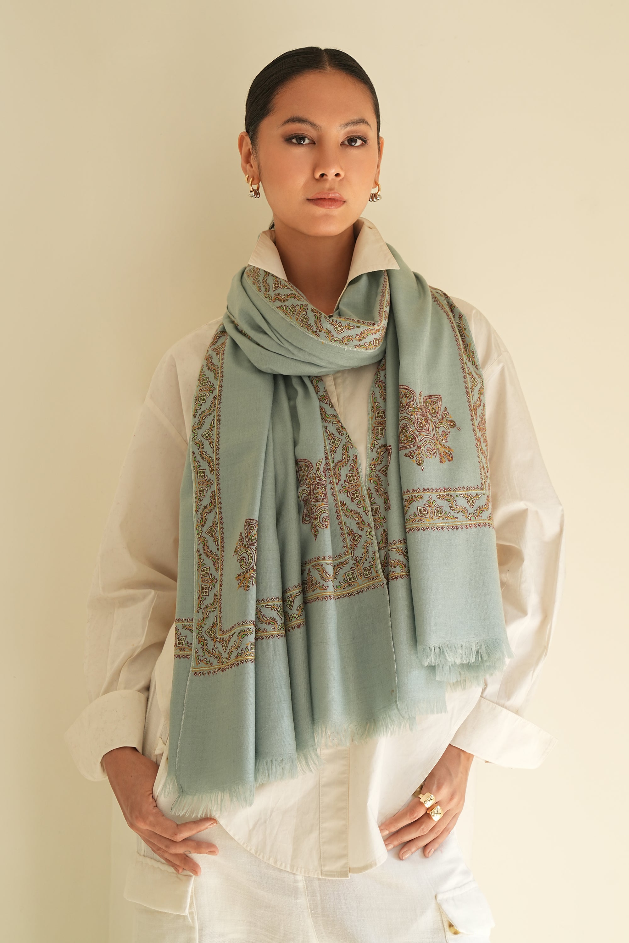 Sozni Aylin Corner Buta Hand Embroidered Pashmina Shawl Baltic