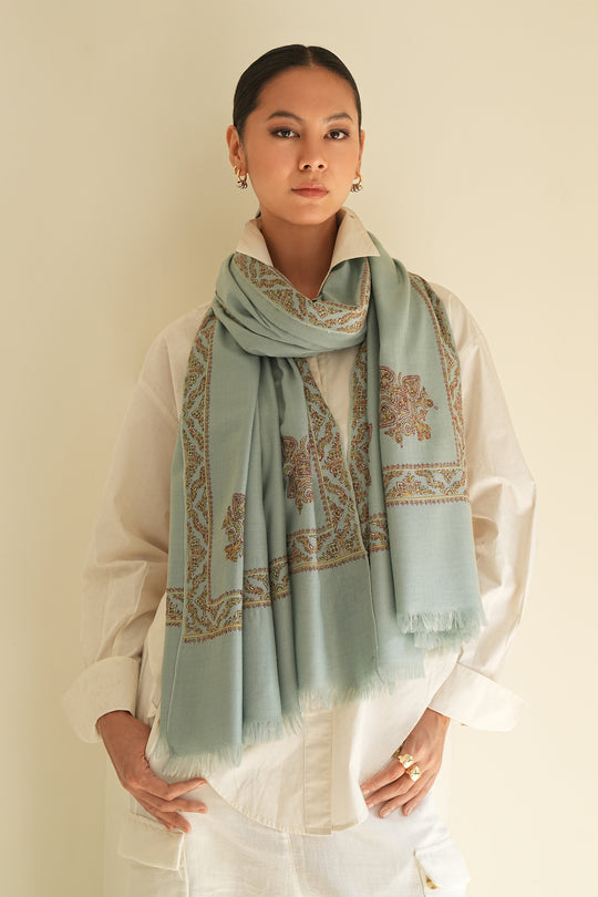 Kashmir Loom Sozni Aylin Corner Buta Hand Embroidered Pashmina Shawl Baltic