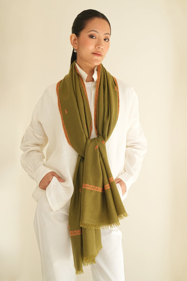 Sozni Bail Buti Hand Embroidered Pashmina Stole Lichen