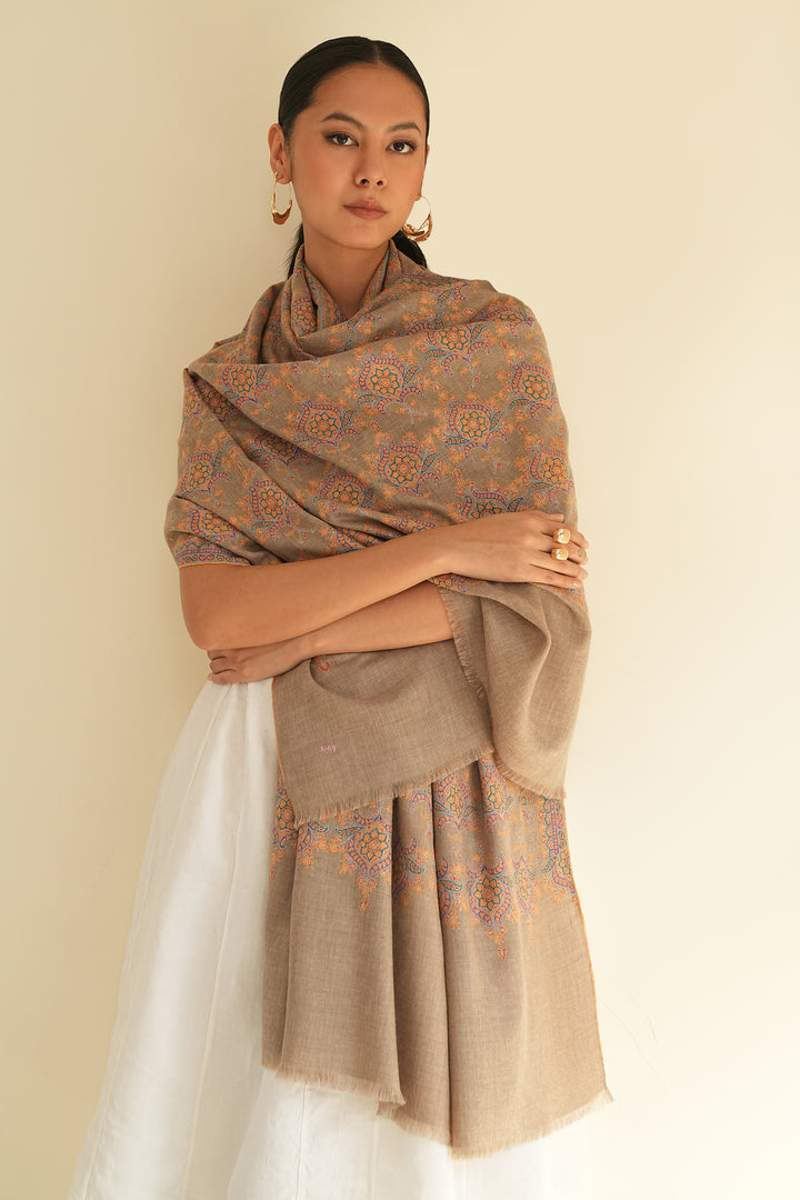 Kashmir Loom Sozni Butidar Jaaldar Hand Embroidered Pashmina Shawl Natural