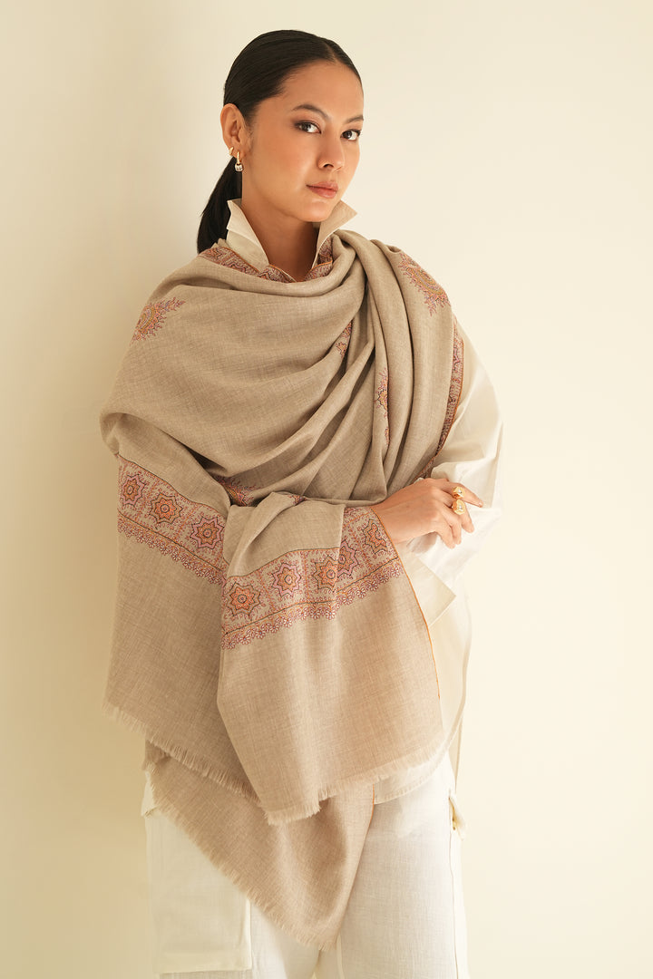 Kashmir Loom Sozni Dordar Butadar Hand Embroidered Pashmina Shawl Natural
