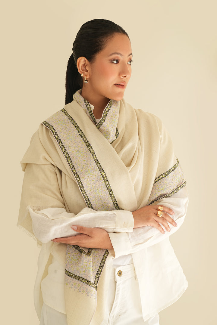 Kashmir Loom Sozni Dordar Hand Embroidered Pashmina Shawl Ivory Multi
