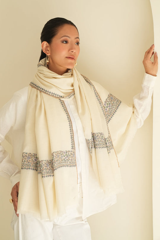 Kashmir Loom Sozni Dordar Hand Embroidered Pashmina Shawl Ivory