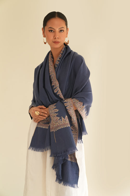 Kashmir Loom Sozni Farah Noosh Dordar Hand Embroidered Pashmina Shawl Glacier