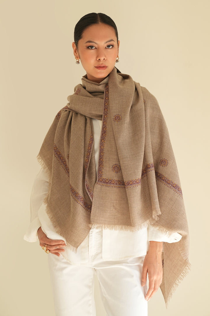 Kashmir Loom Sozni Hashiya Butidar Hand Embroidered Pashmina Shawl Natural