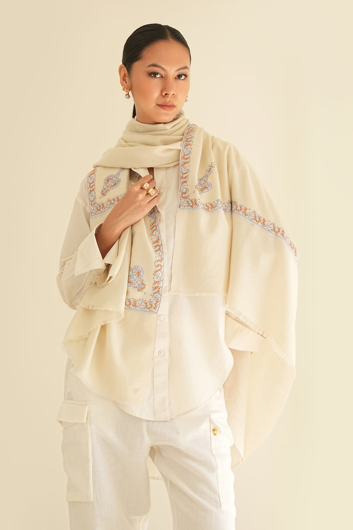 Kashmir Loom Sozni Hashiya Koundar Hand Embroidered Pashmina Shawl Ivory