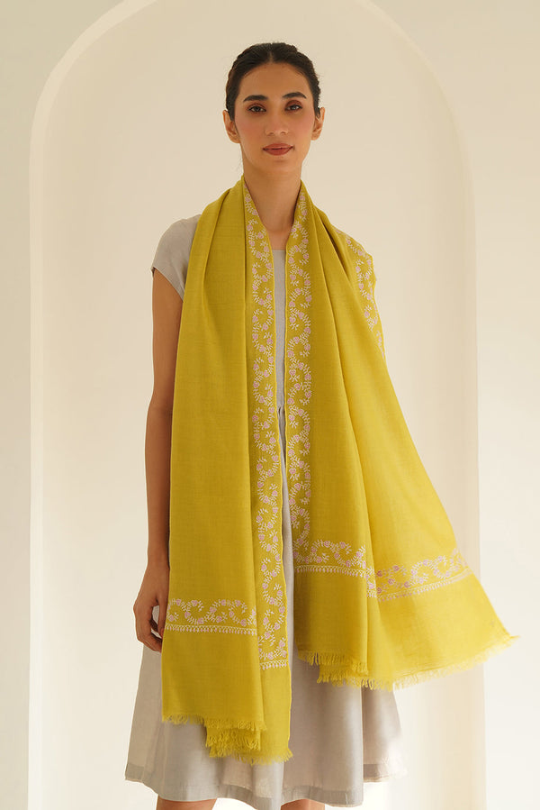 Inaya Borderdar Hand Embroidered Pashmina Stole Matcha