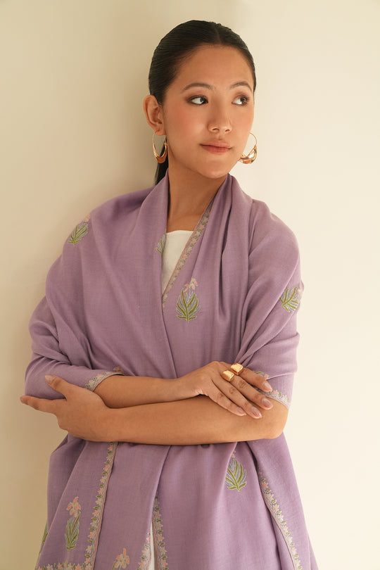 Kashmir Loom Sozni Iris Bail Buti Hand Embroidered Pashmina Stole Wisteria