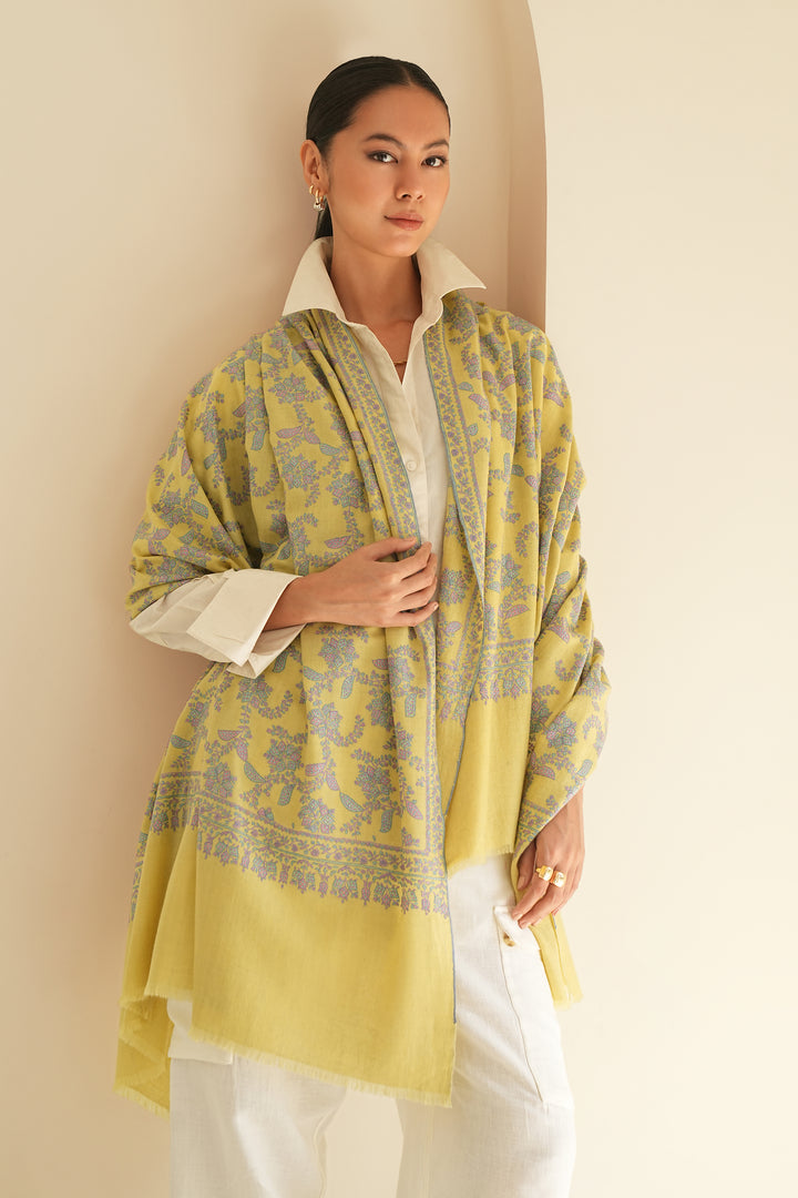 Kashmir Loom Sozni Jaaldar Hand Embroidered Pashmina Shawl Lemon
