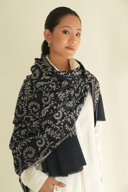 Kashmir Loom Sozni Jaaldar Hand Embroidered Pashmina Shawl Navy