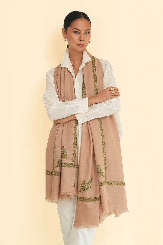 Kashmir Loom Sozni Jamila Hashiya Corner Buti Hand Embroidered Pashmina Shawl Dune