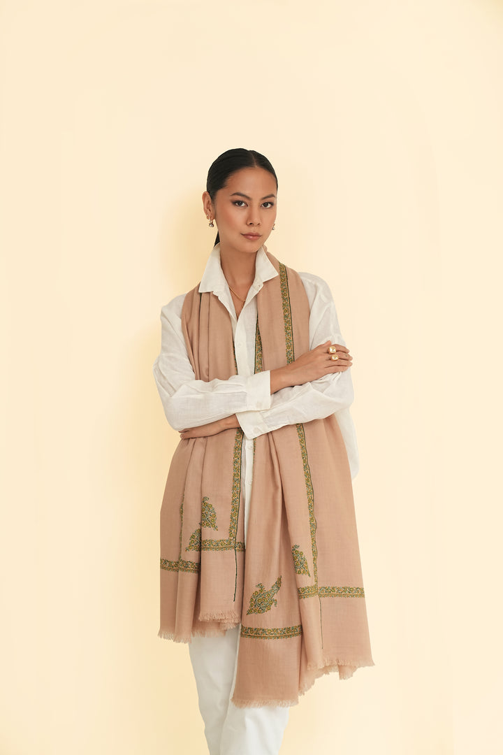 Kashmir Loom Sozni Jamila Hashiya Corner Buti Hand Embroidered Pashmina Shawl Dune