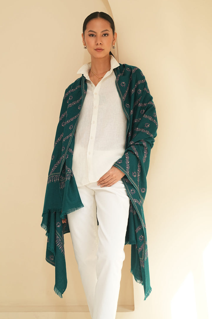 Kashmir Loom Sozni  Khatrast Flower Buti Hand Embroidered Pashmina Shawl Deep Teal
