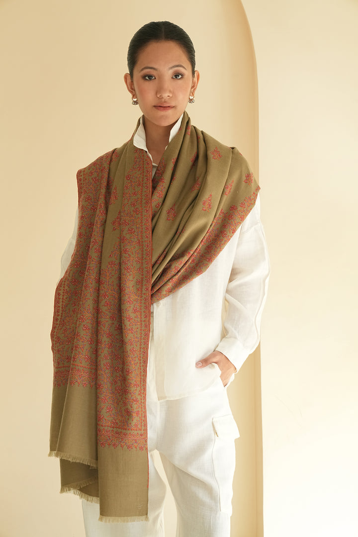 Kashmir Loom Sozni Koundar Butidar Hand Embroidered Pashmina Shawl Dark Natural